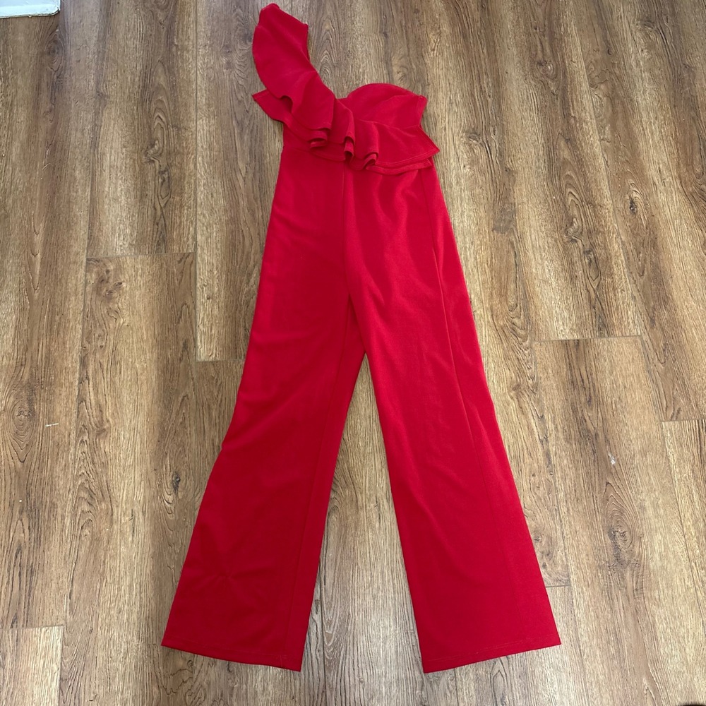 VTG 90s Madrag USA made red wide leg jumper one shoulder ruffle womens medium‎